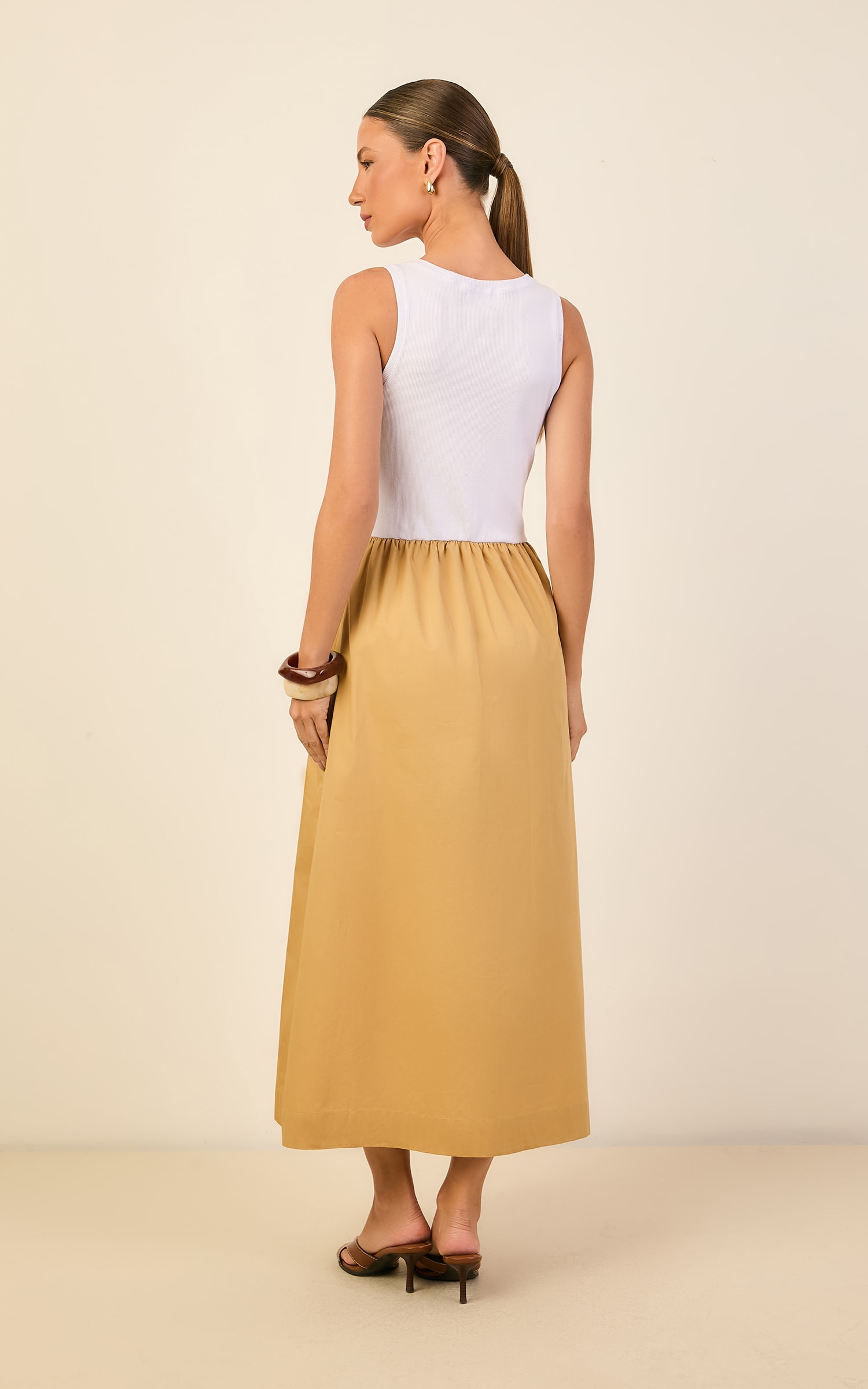 Vestido Rib Tricoline Branco/Caqui