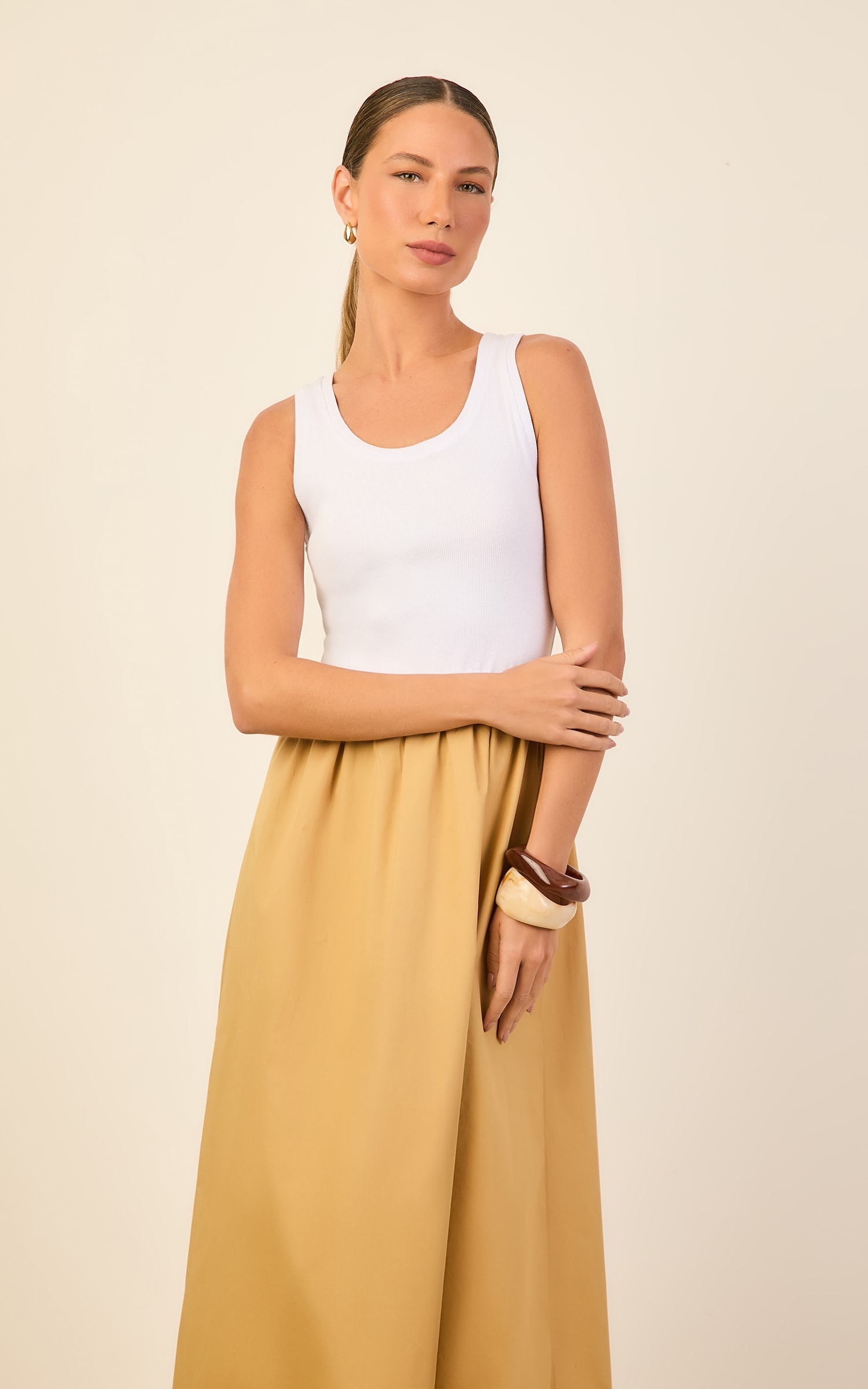 Vestido Rib Tricoline Branco/Caqui