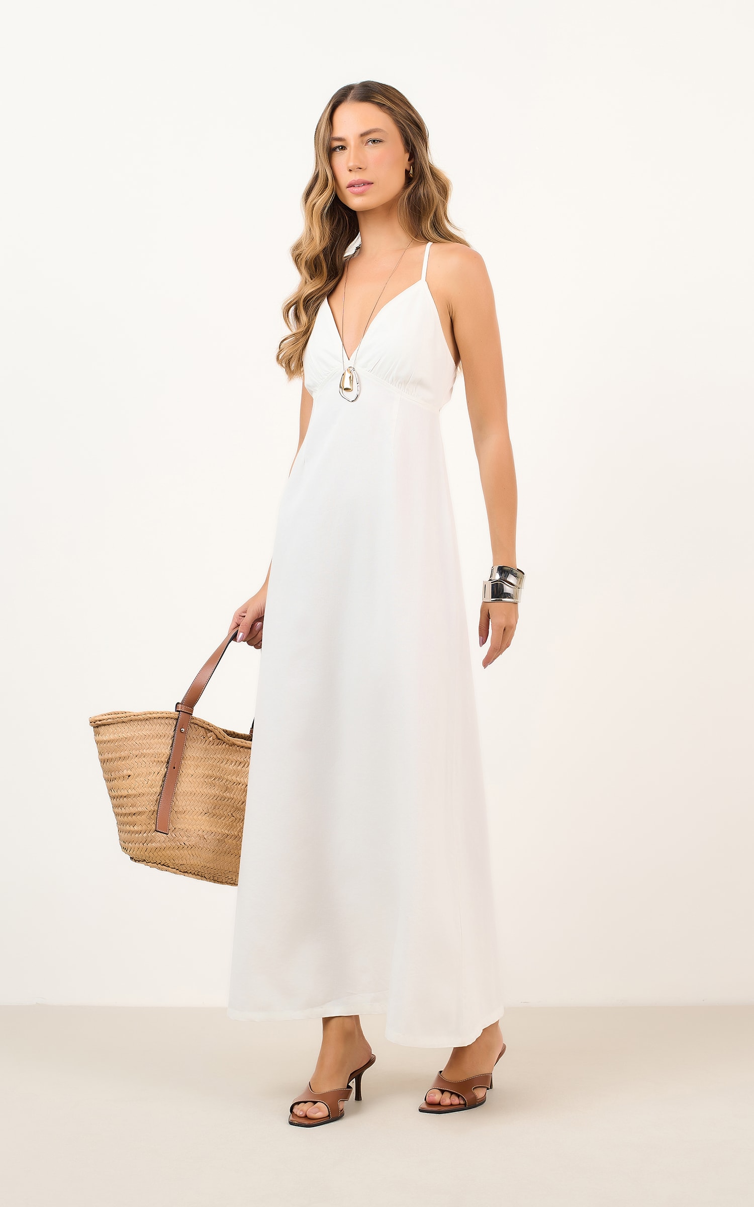 Vestido Sarja Decote v Off White