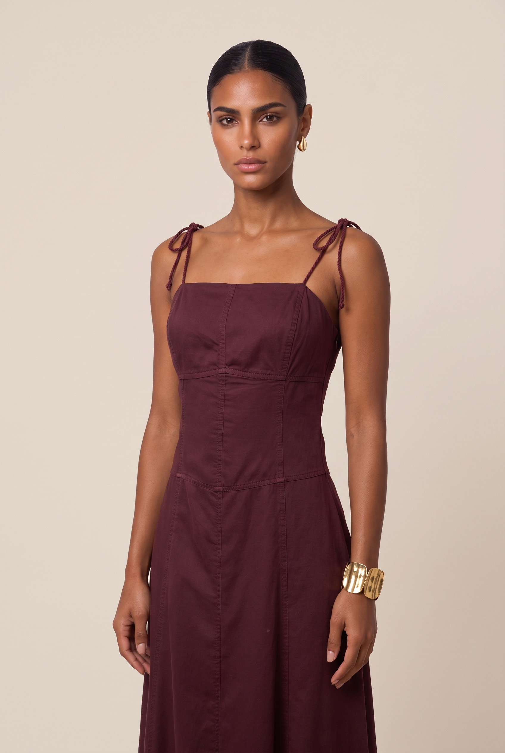 Vestido Sarja Pesponto Burgundy