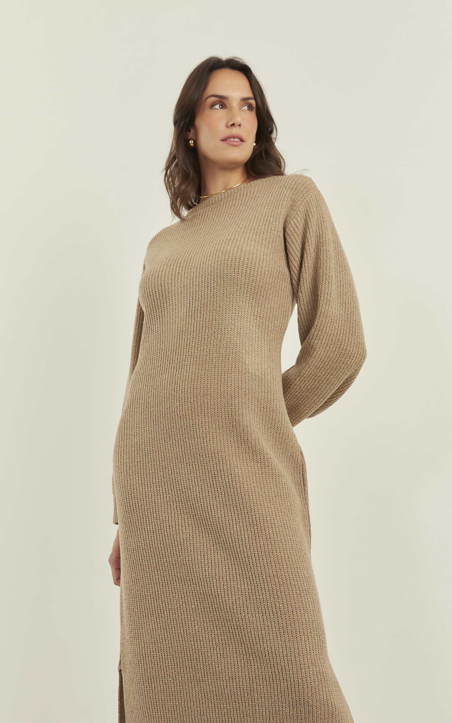 Vestido Tricot Canelado Areia