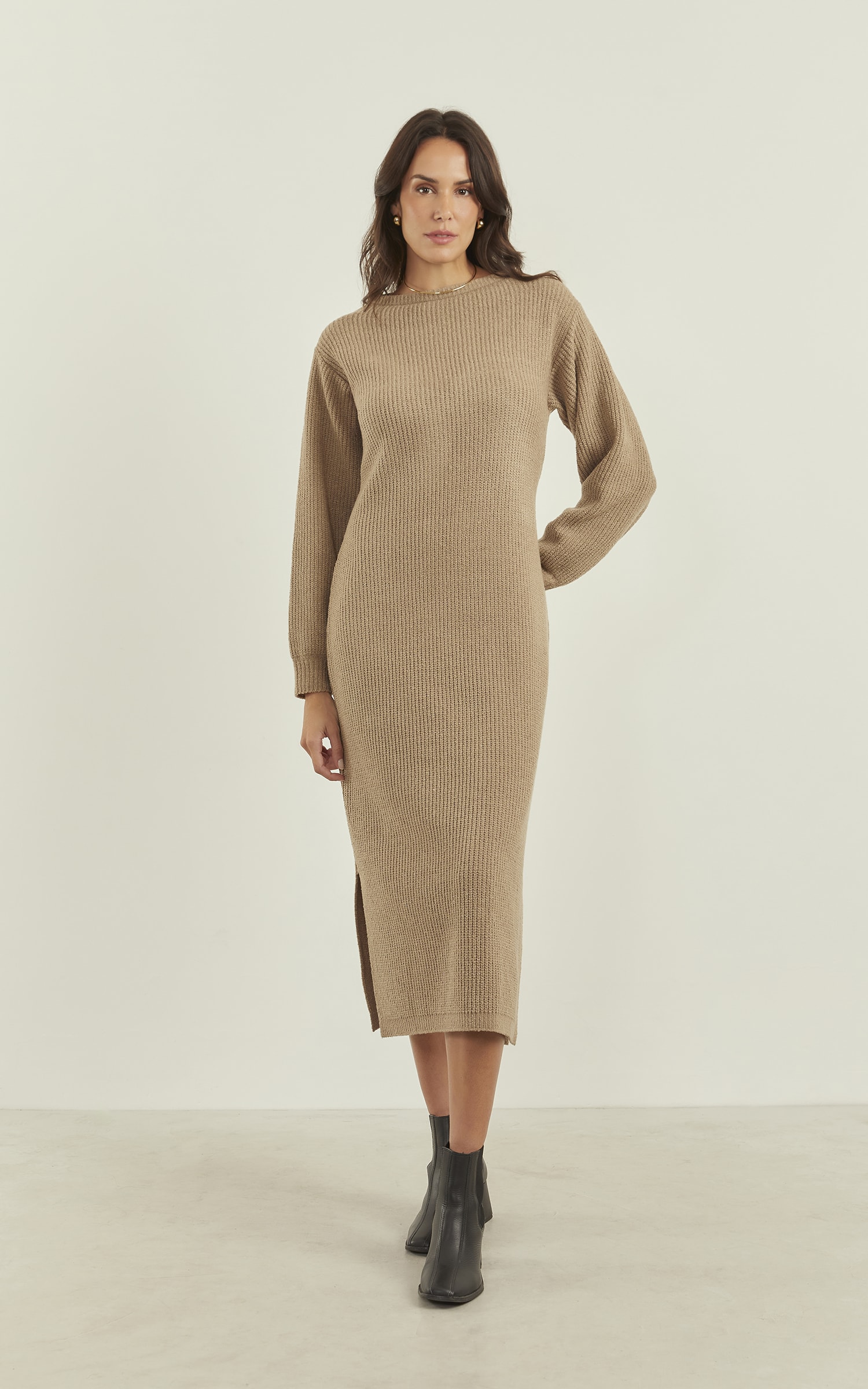 Vestido Tricot Canelado Areia