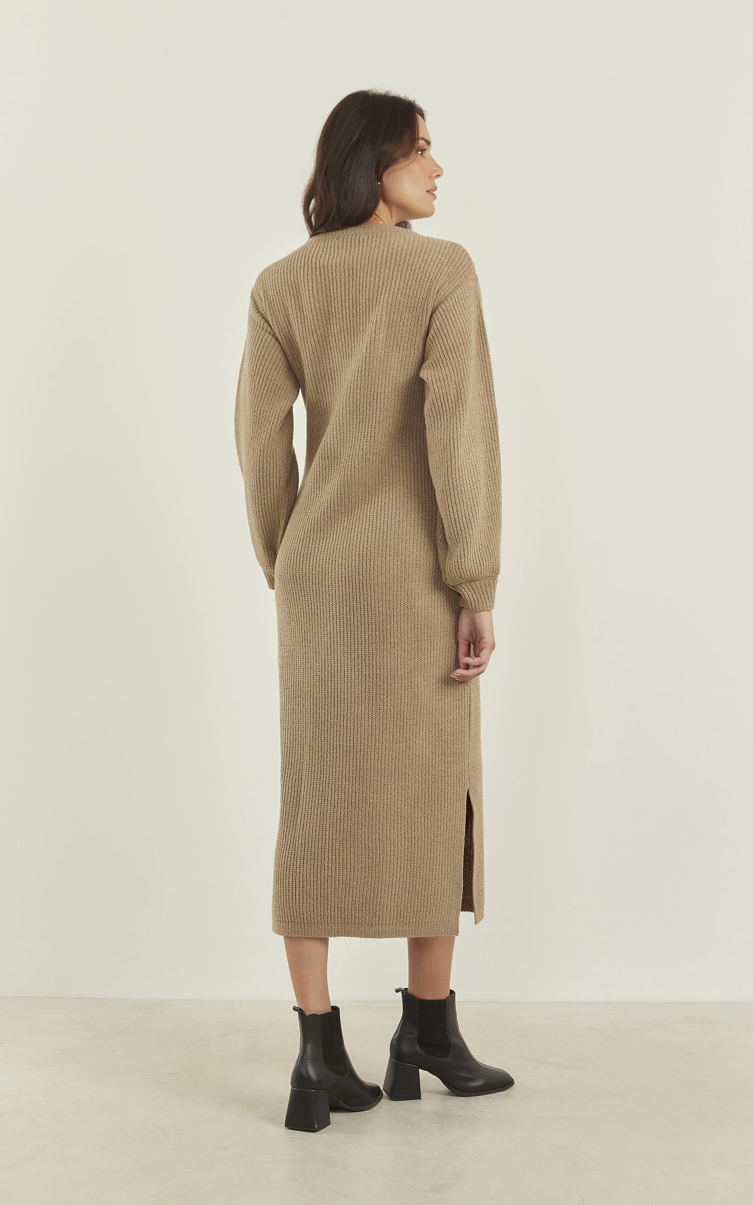 Vestido Tricot Canelado Areia