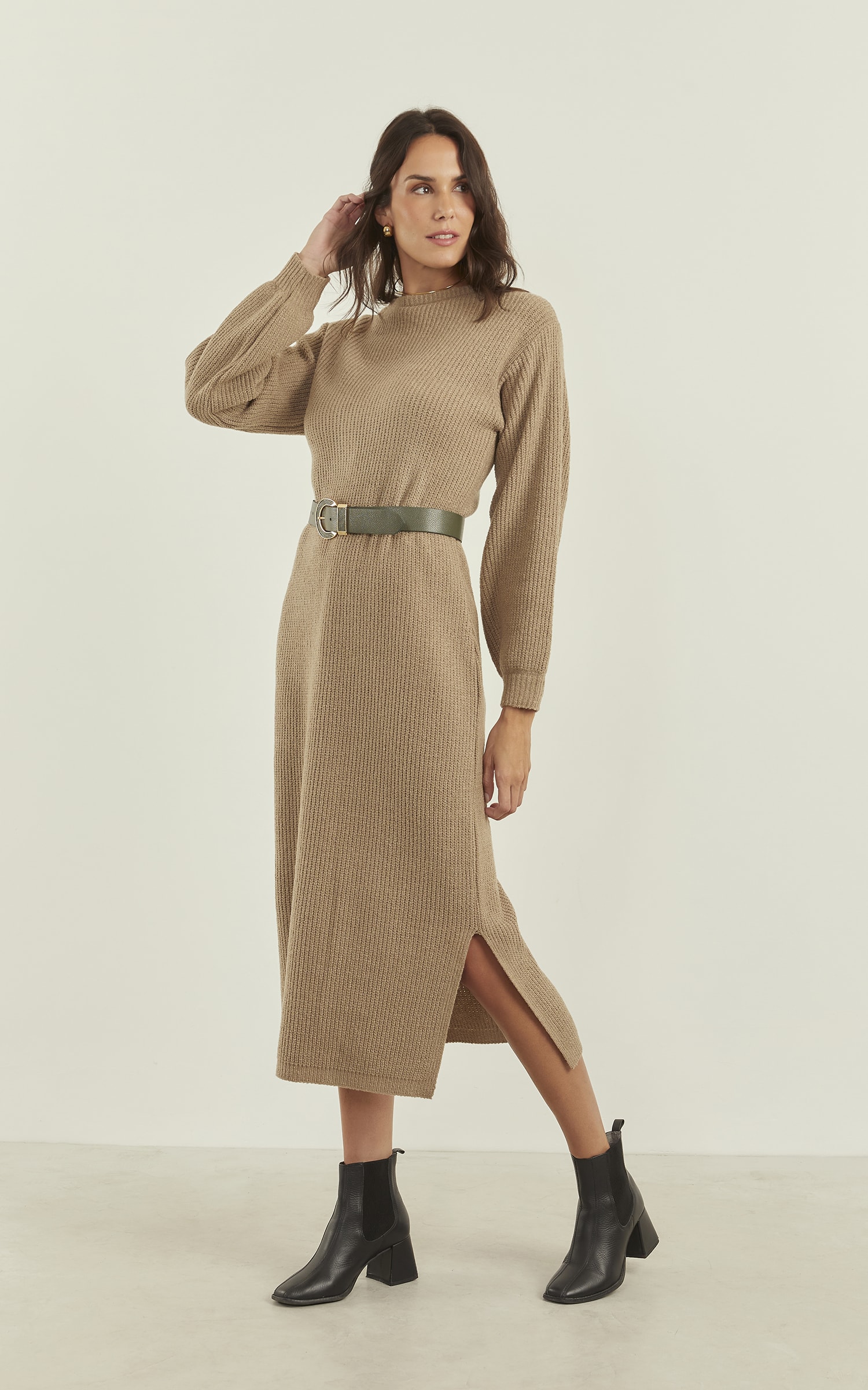 Vestido Tricot Canelado Areia
