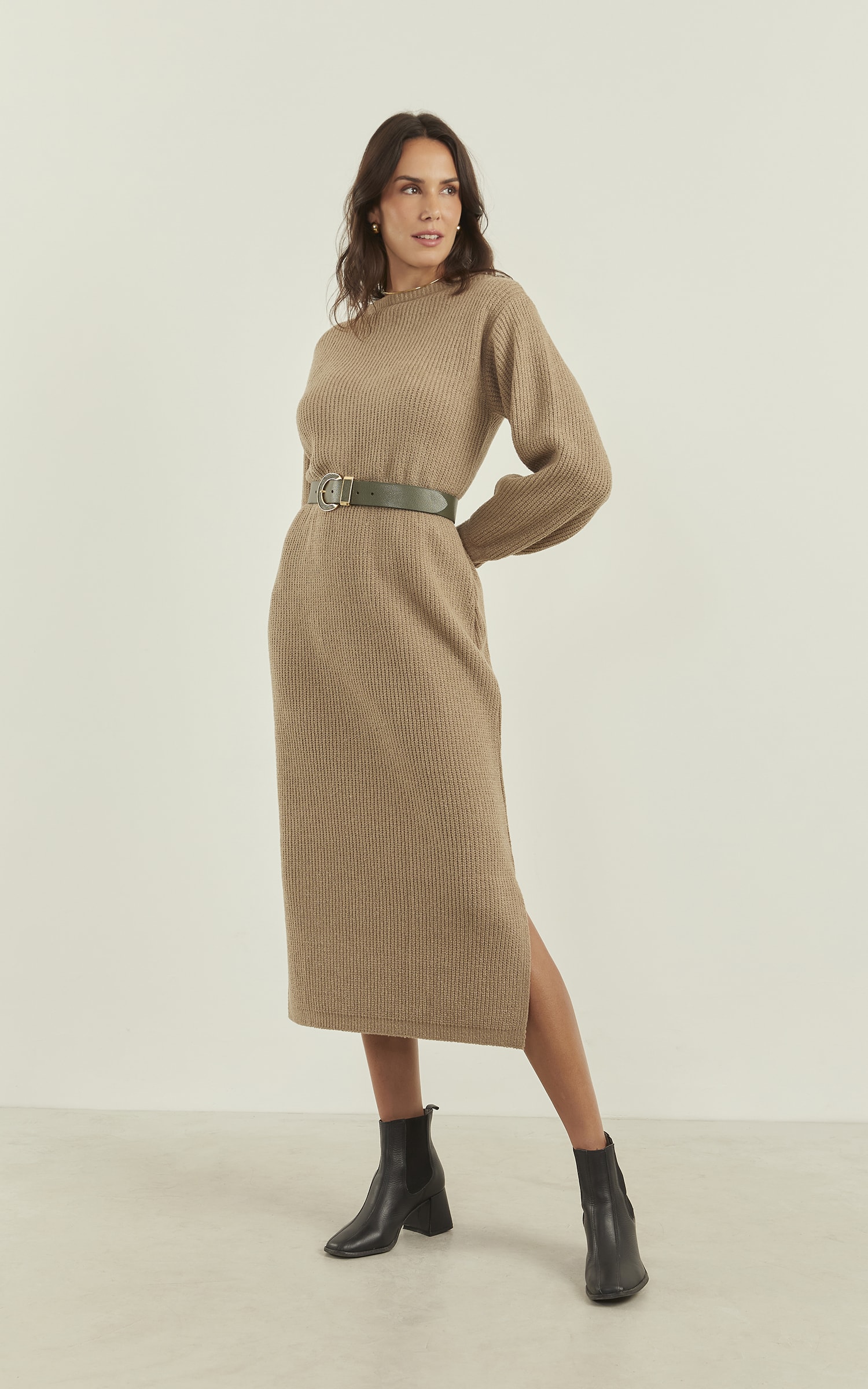 Vestido Tricot Canelado Areia