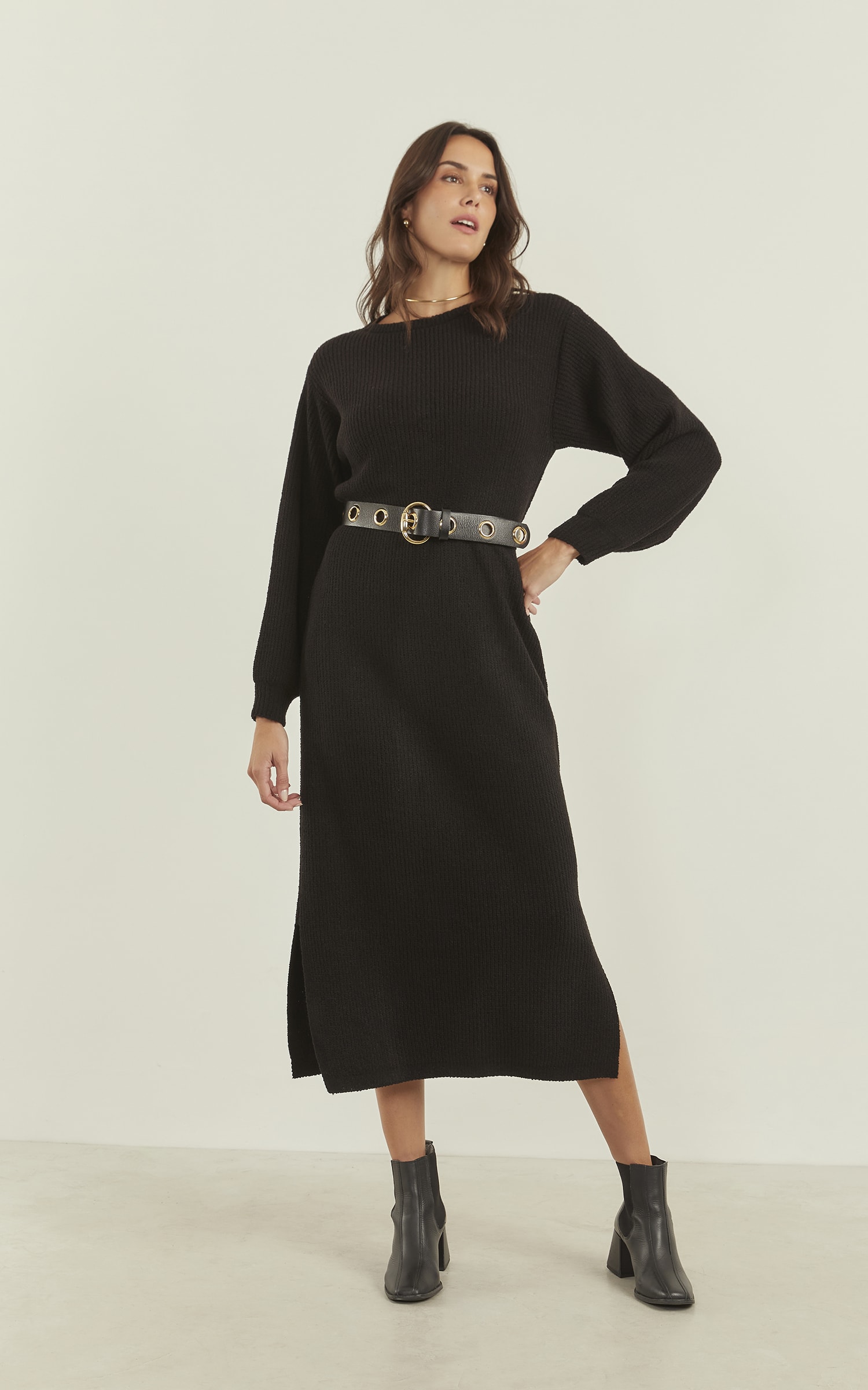Vestido Tricot Canelado Preto