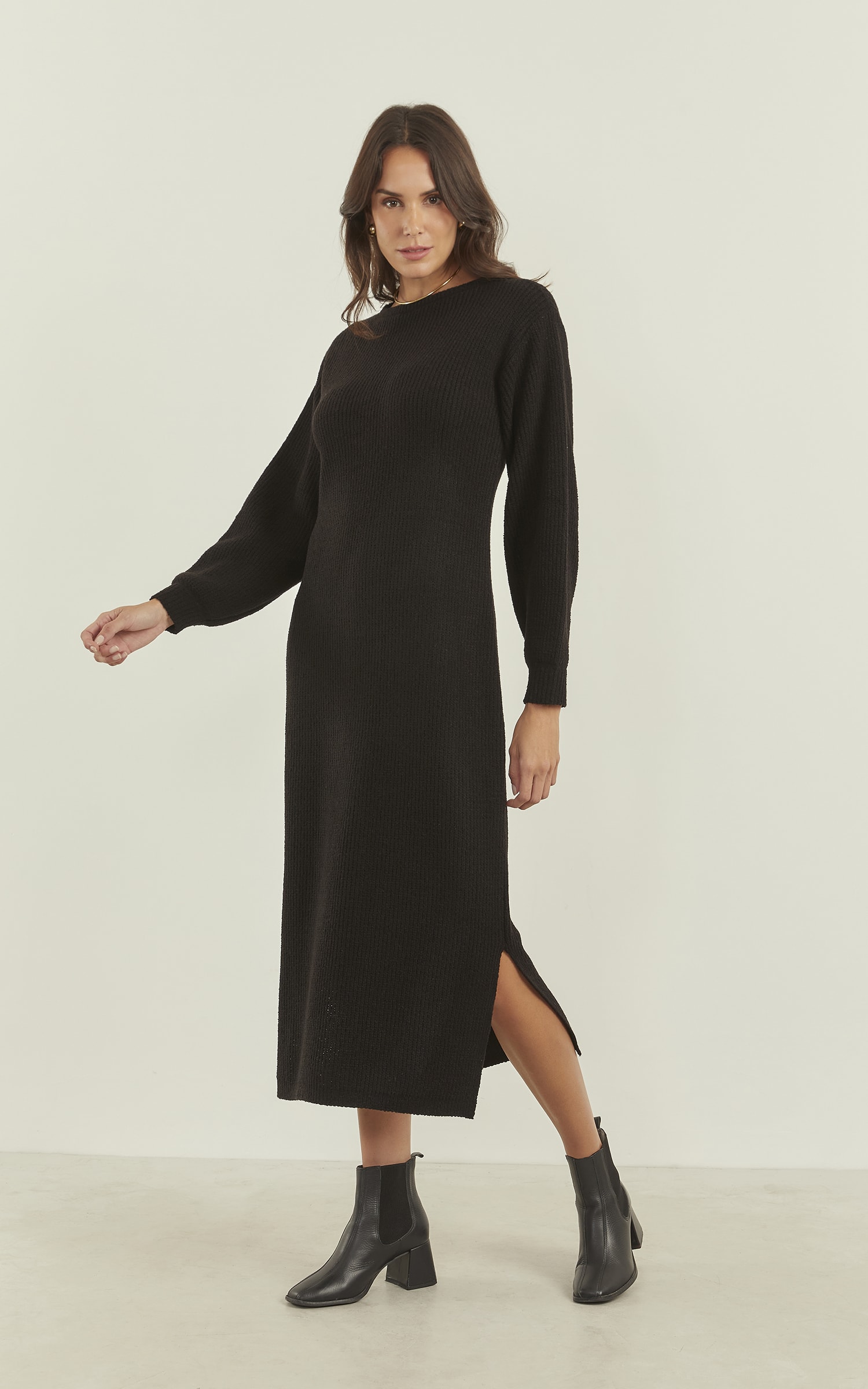 Vestido Tricot Canelado Preto
