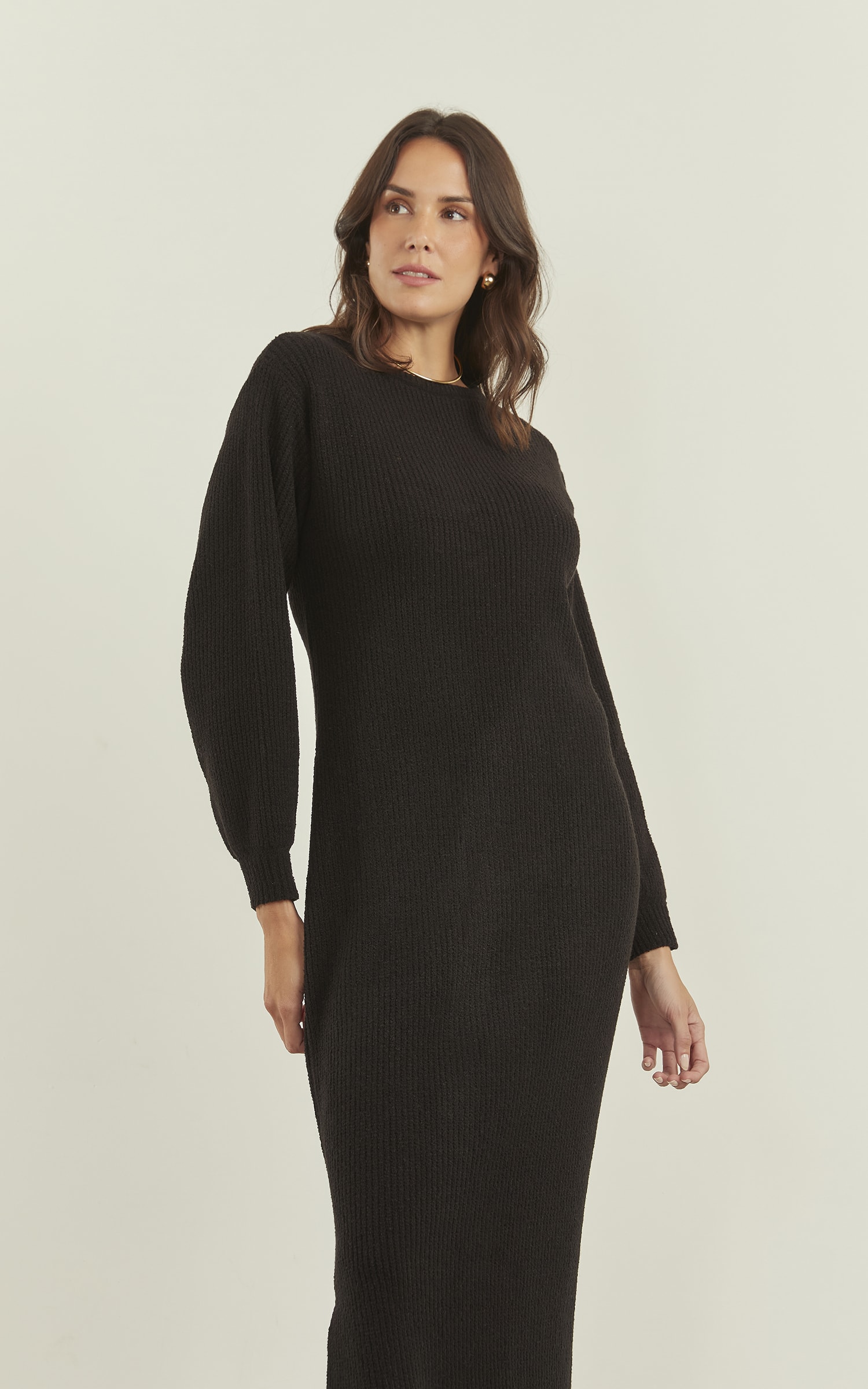 Vestido Tricot Canelado Preto