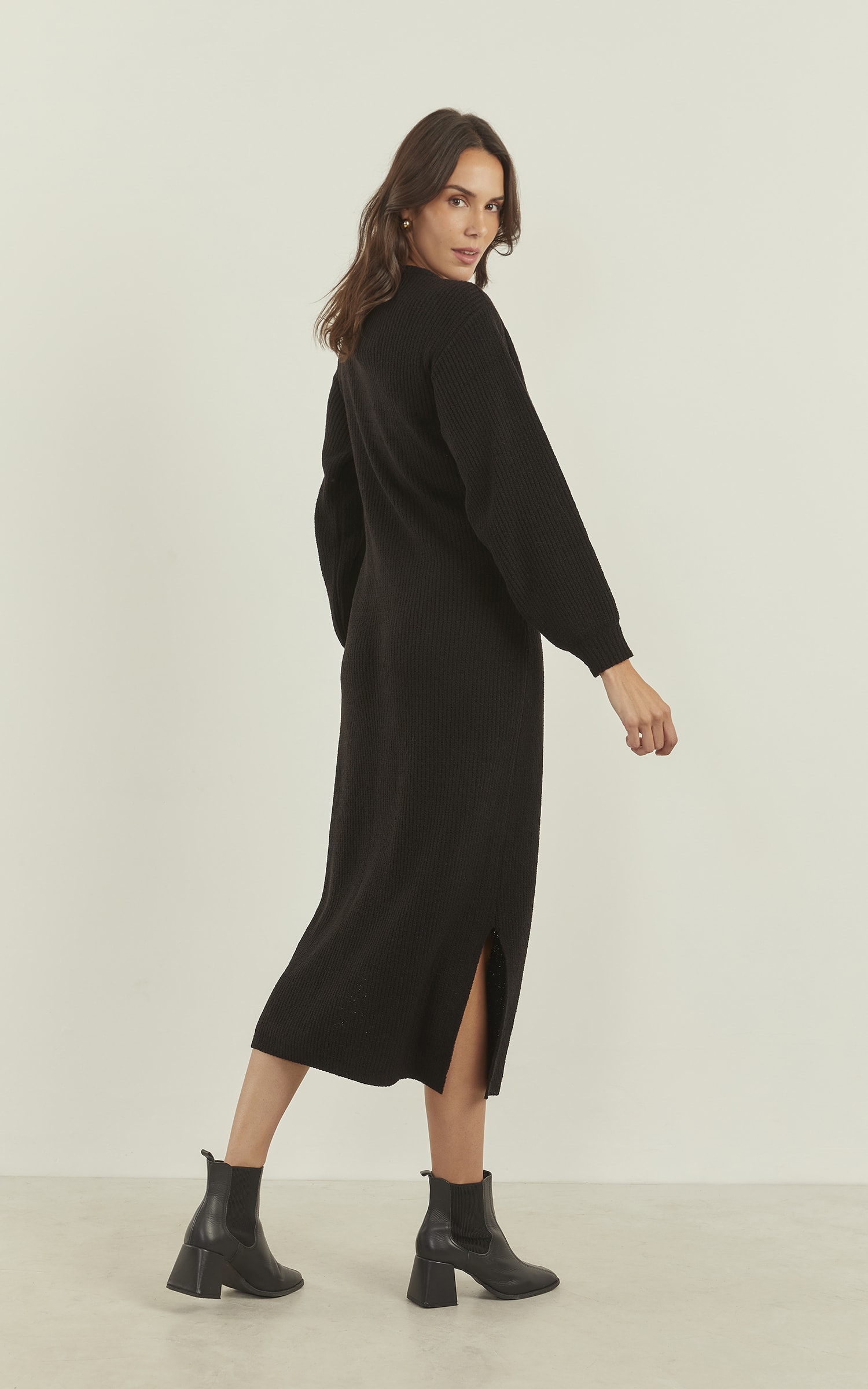 Vestido Tricot Canelado Preto