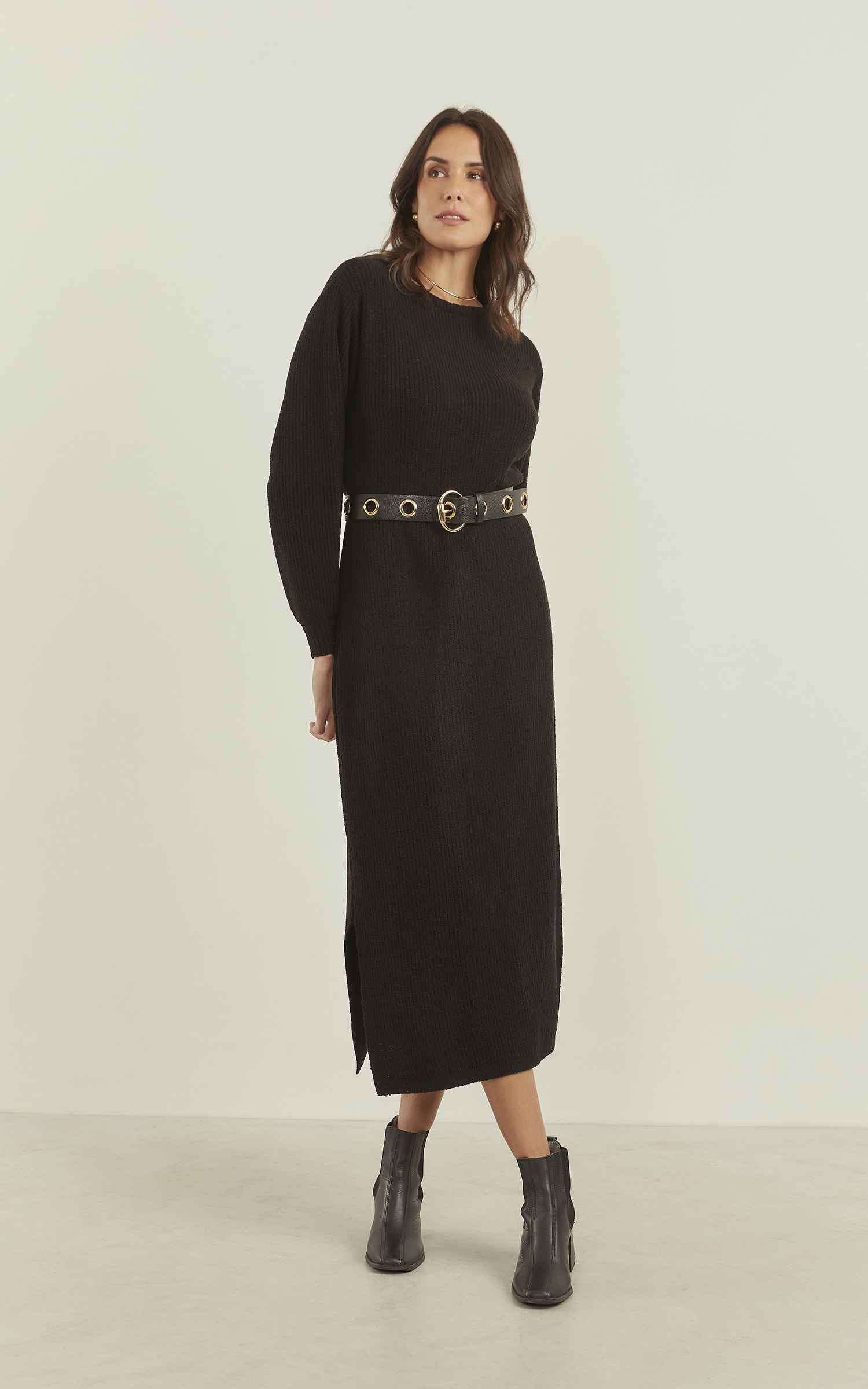 Vestido Tricot Canelado Preto