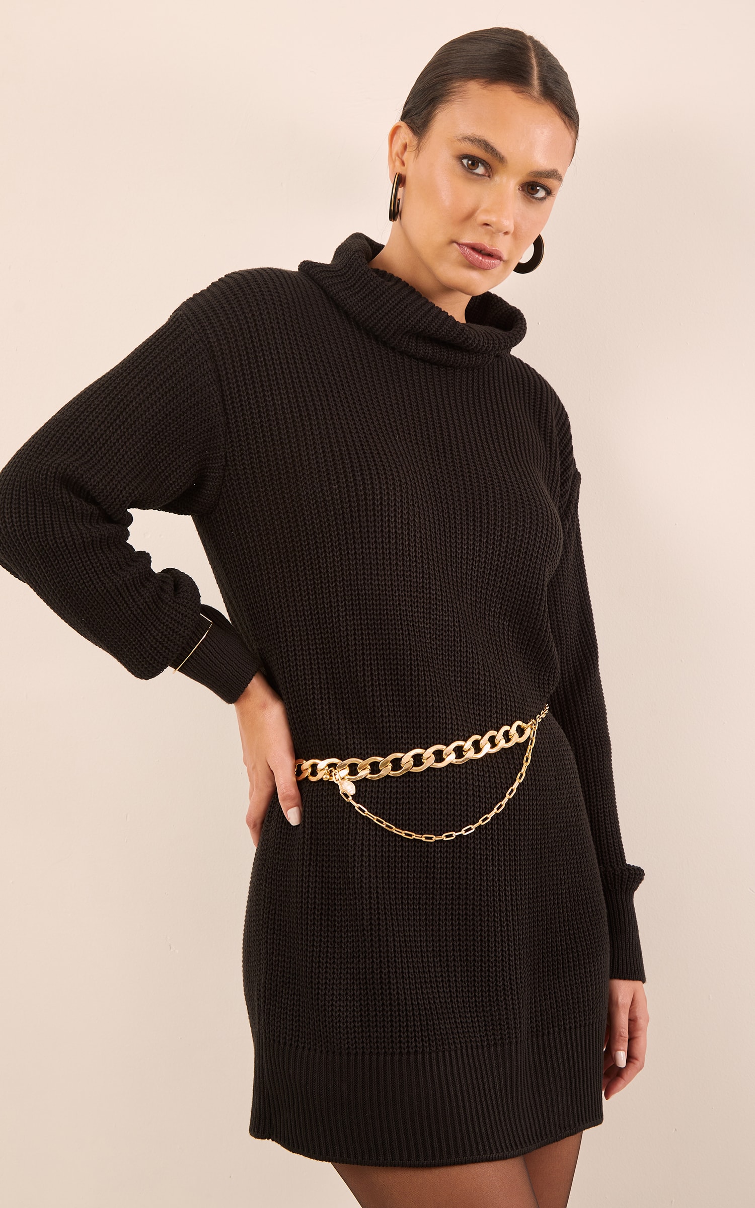Vestido Tricot Gola Alta Preto
