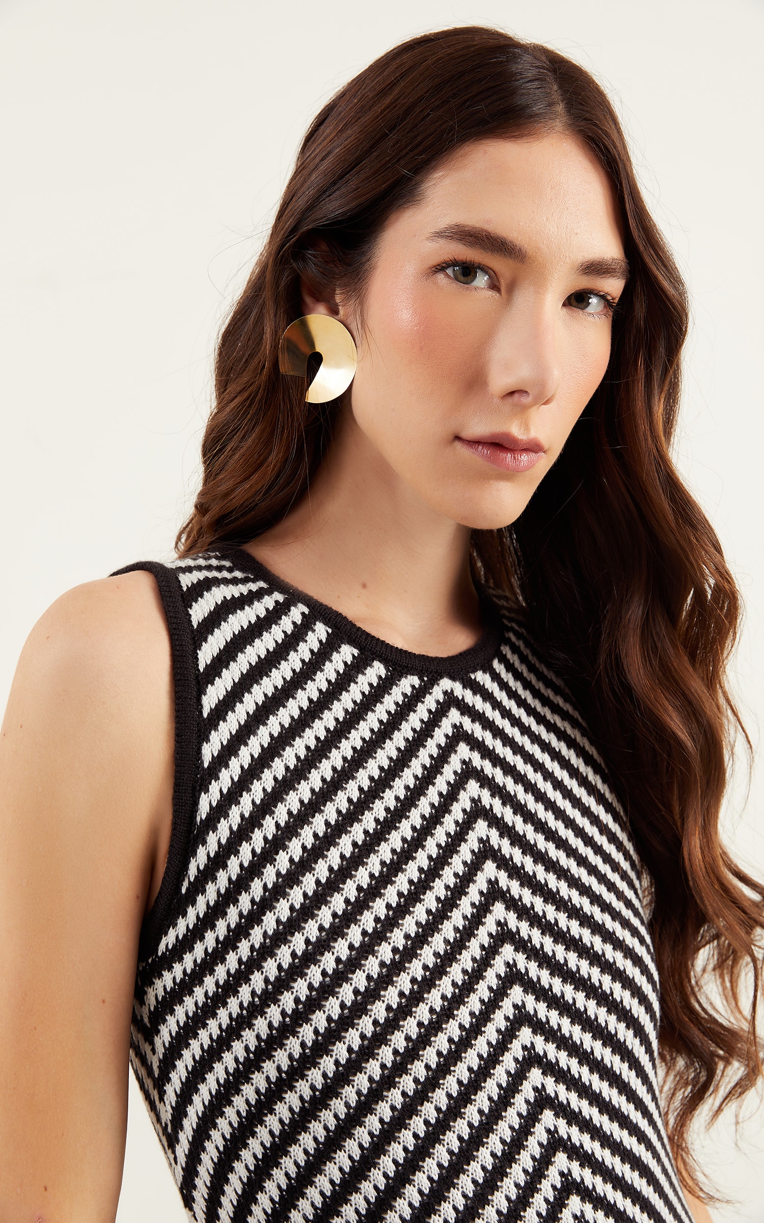 Vestido Tricot Listra Preto/Off