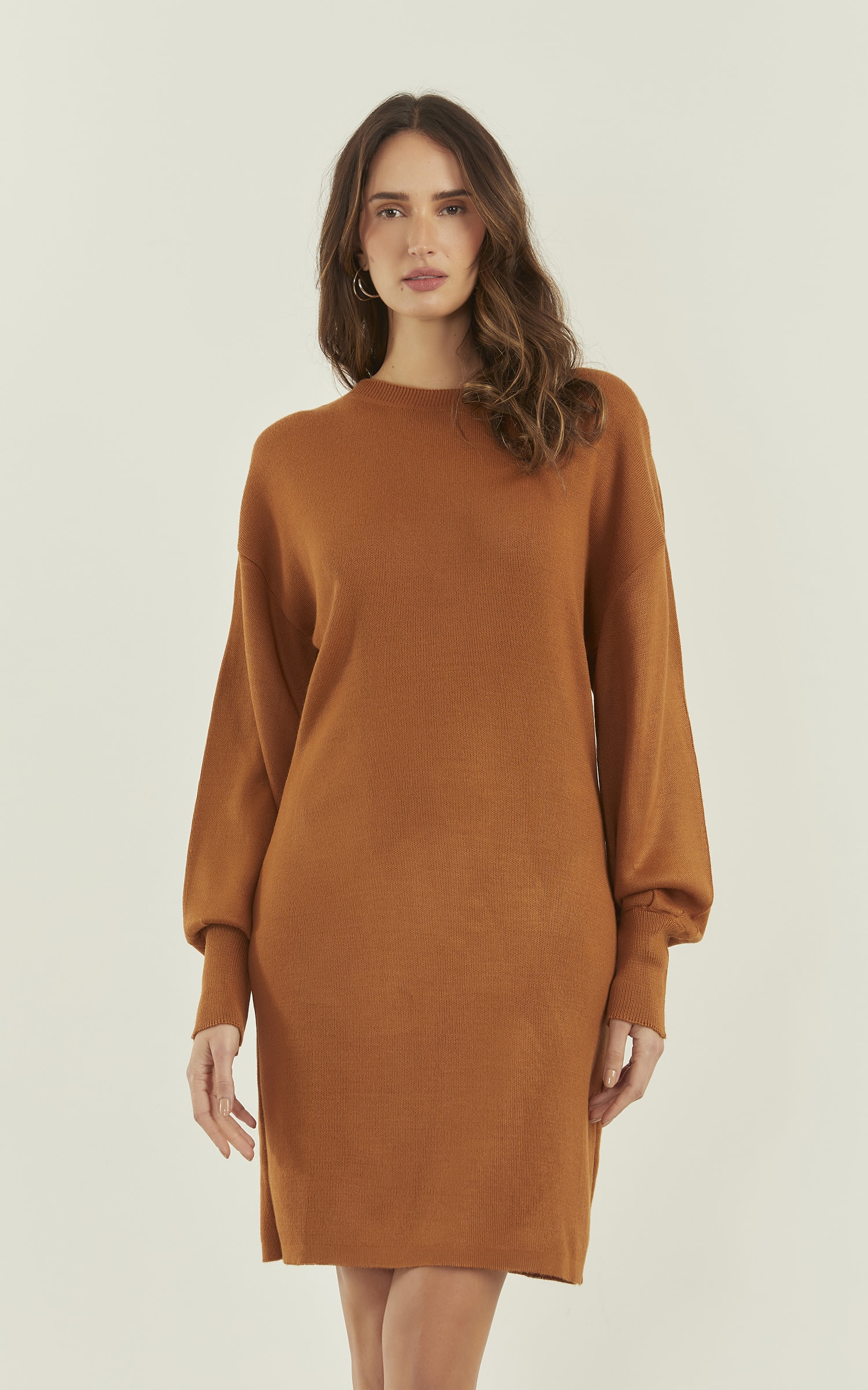 Vestido Tricot Manga Bufante Caramelo