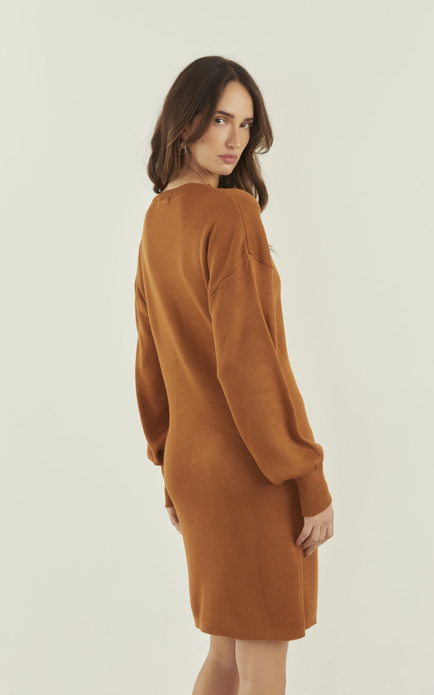 Vestido Tricot Manga Bufante Caramelo