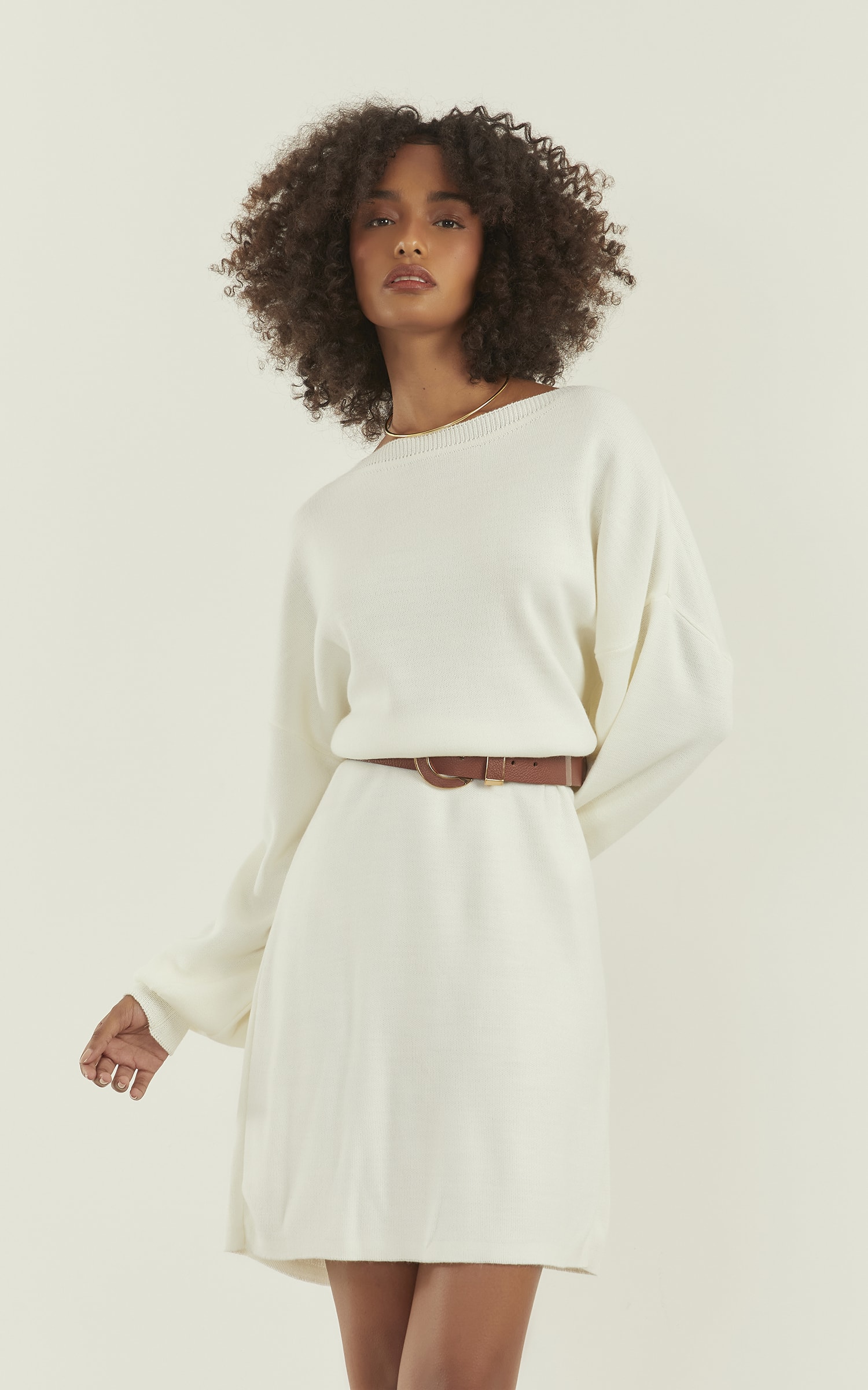 Vestido Tricot Manga Bufante Off White