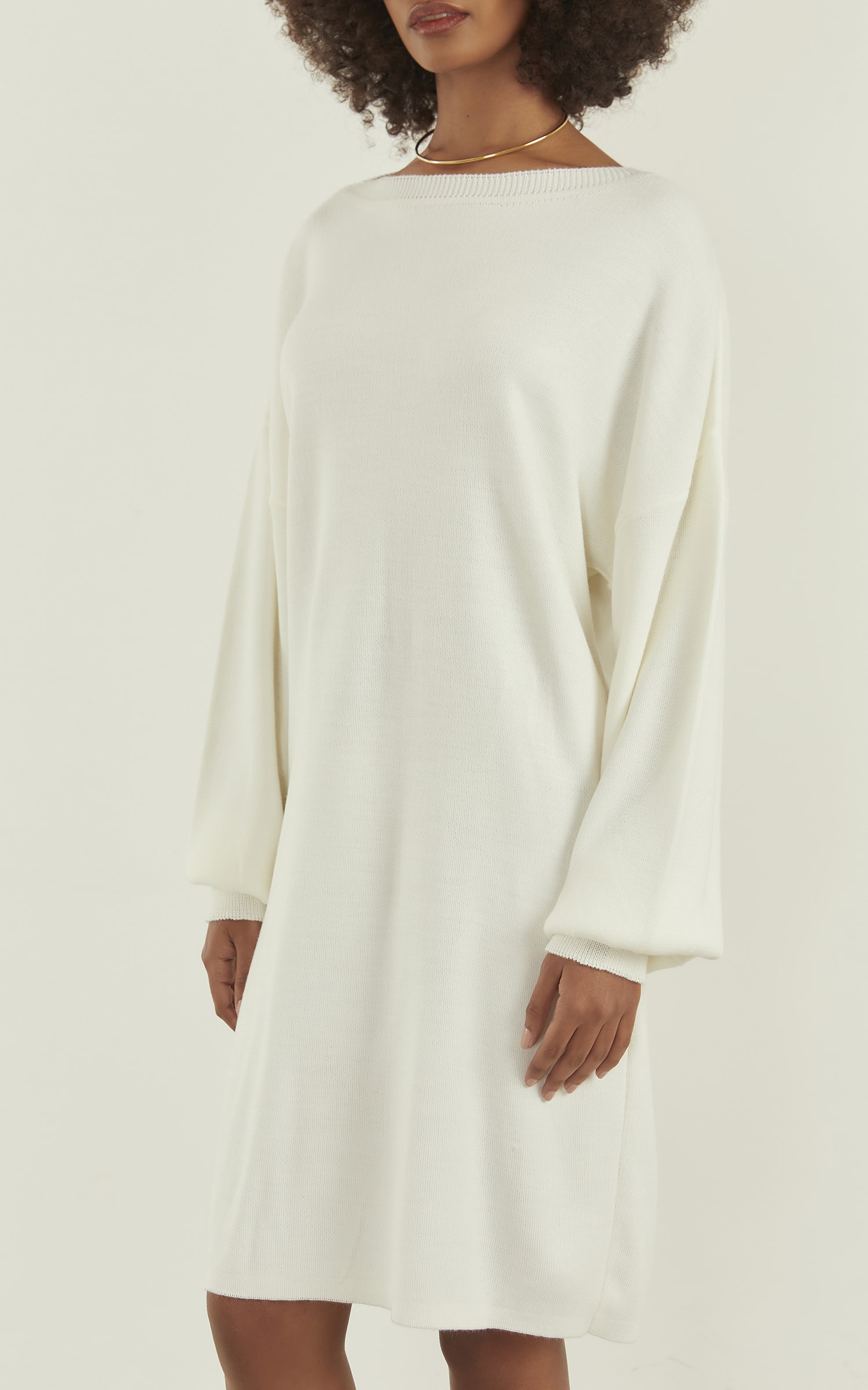 Vestido Tricot Manga Bufante Off White