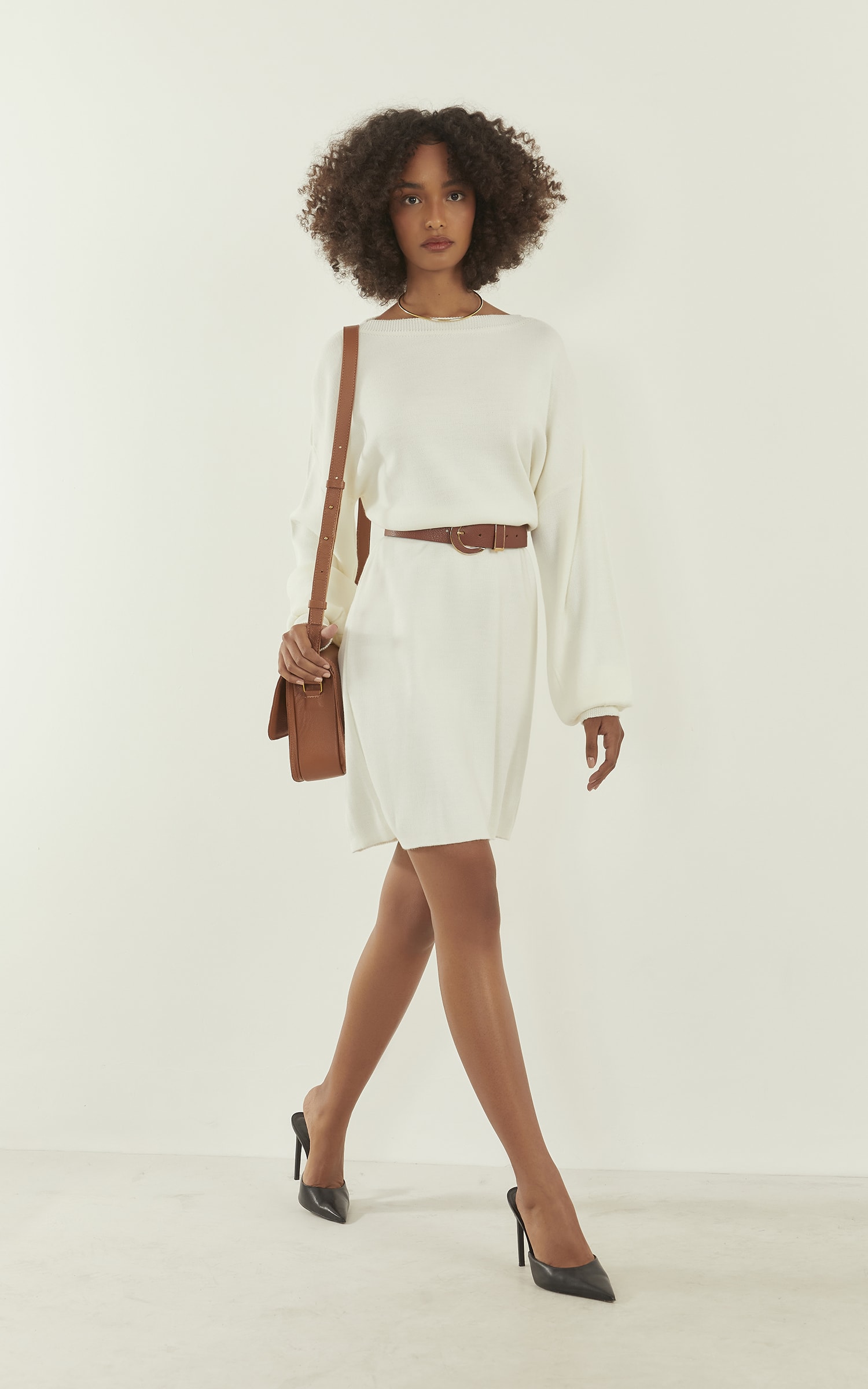 Vestido Tricot Manga Bufante Off White