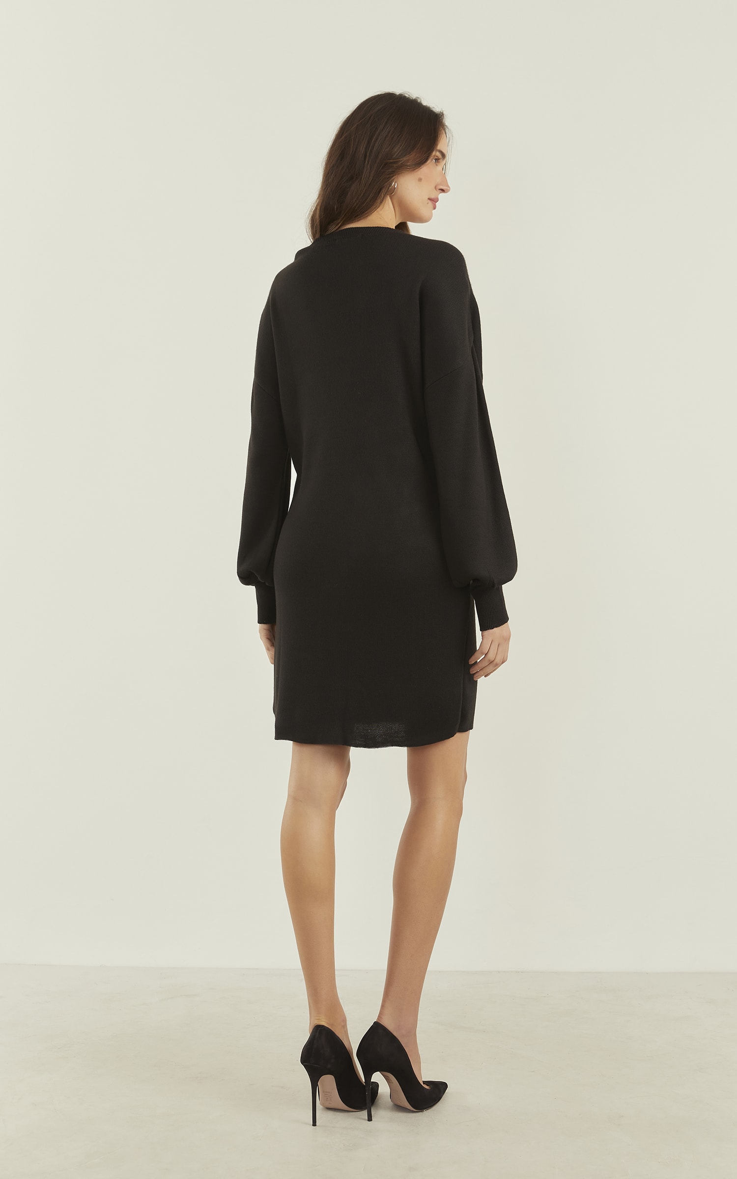 Vestido Tricot Manga Bufante Preto