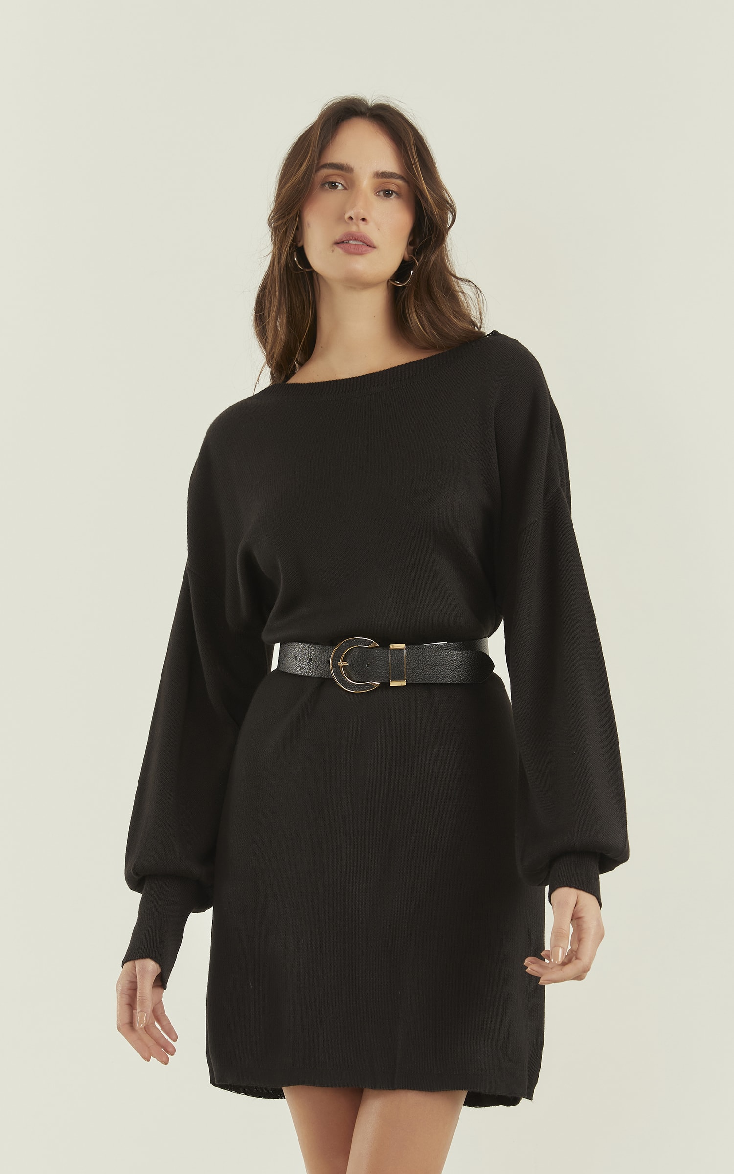Vestido Tricot Manga Bufante Preto