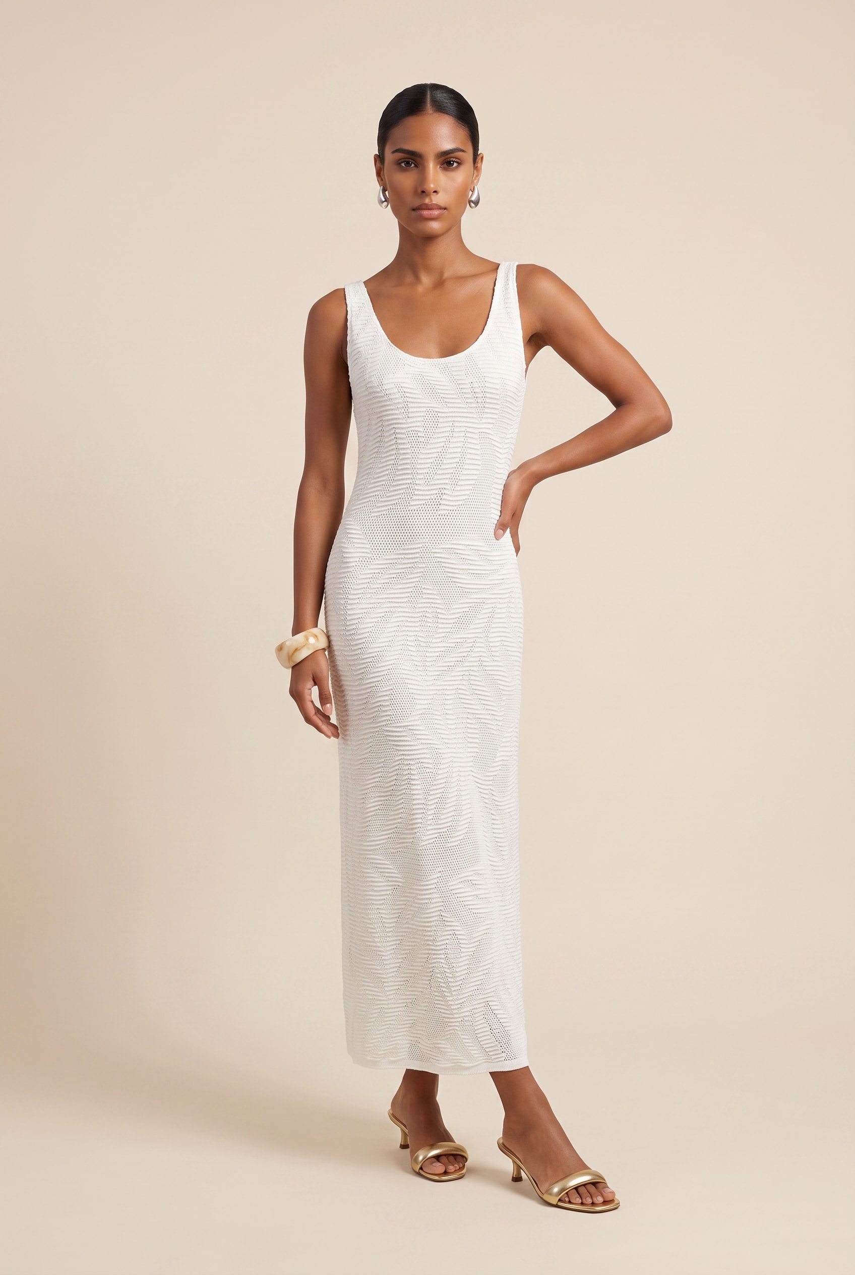 Vestido Tricot Rendado Off White
