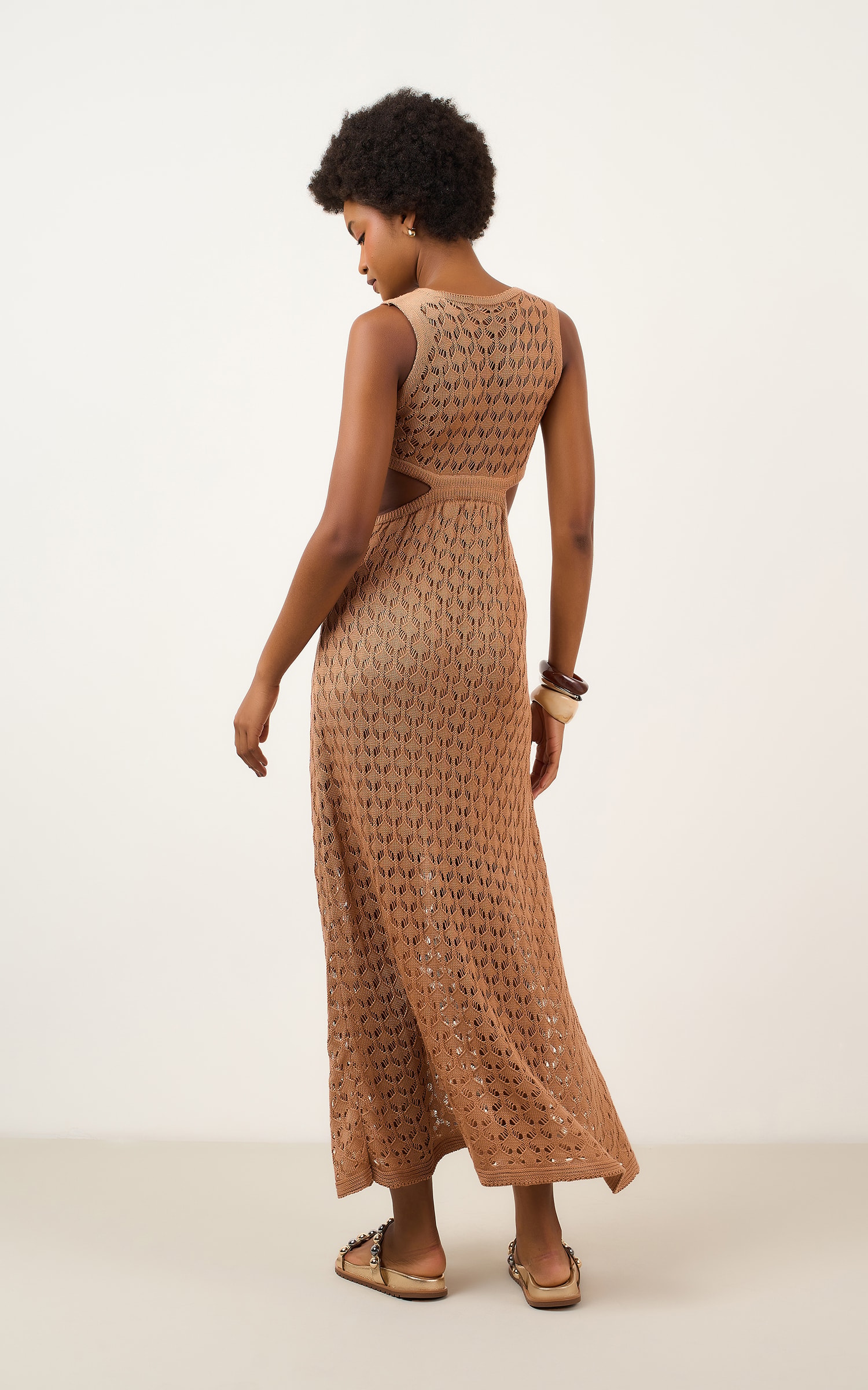 Vestido Tricot Vazado Caqui