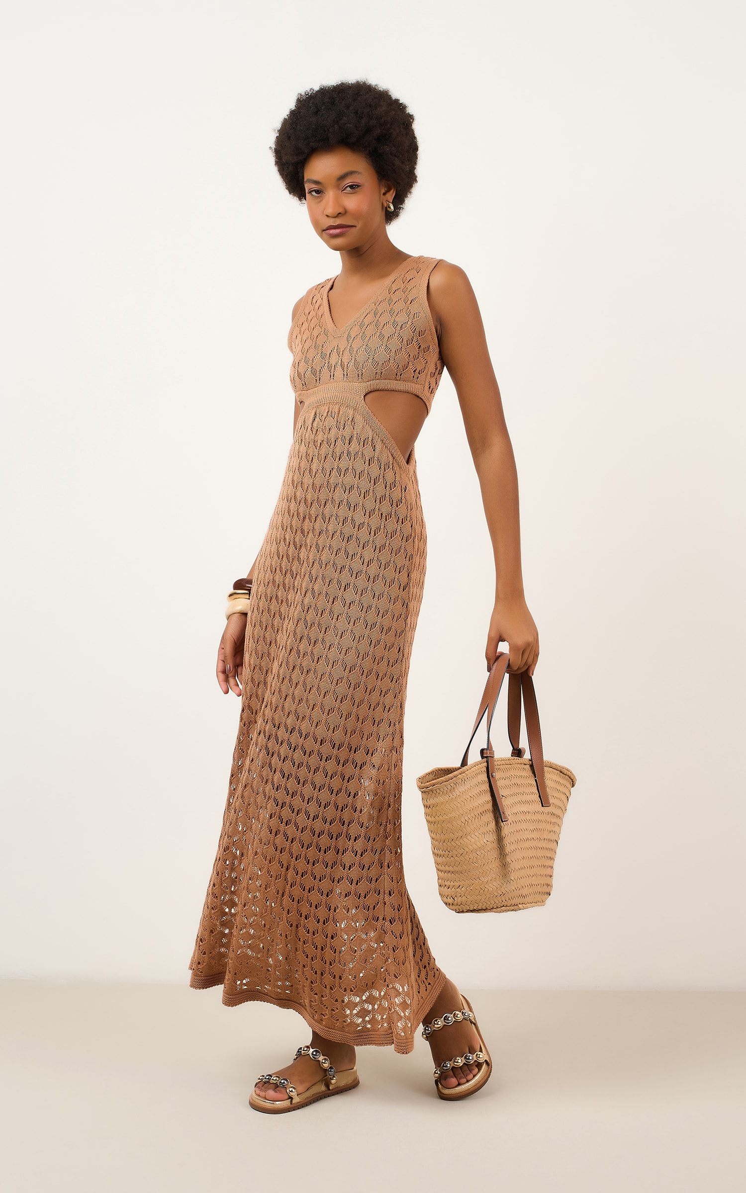 Vestido Tricot Vazado Caqui