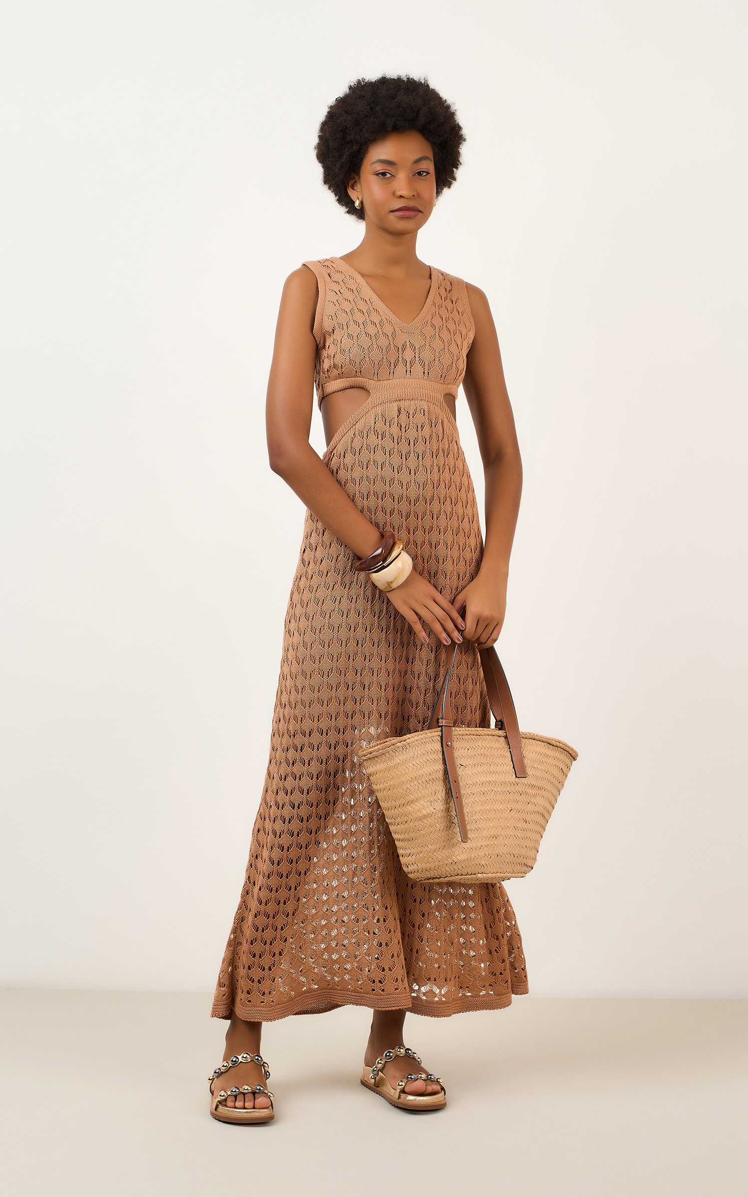 Vestido Tricot Vazado Caqui