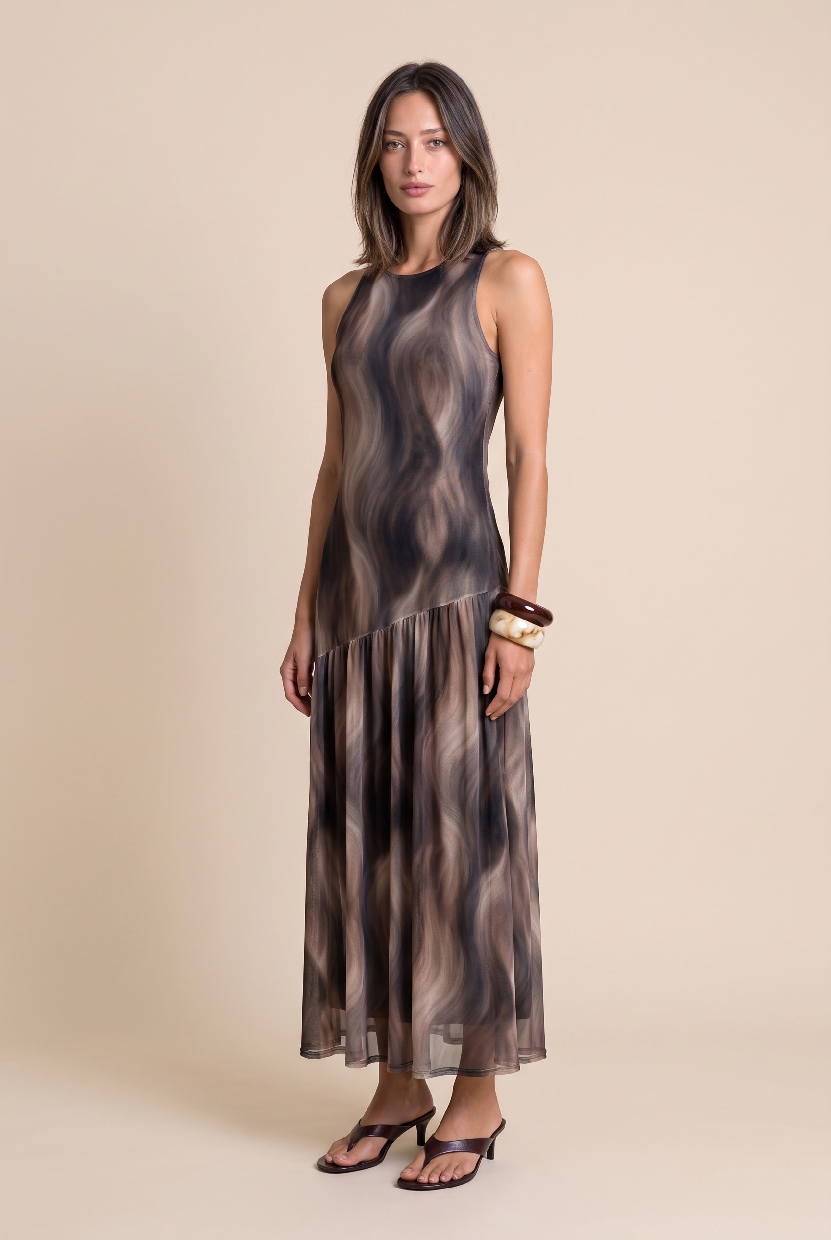 Vestido Tule Assimetrico Stone Marrom