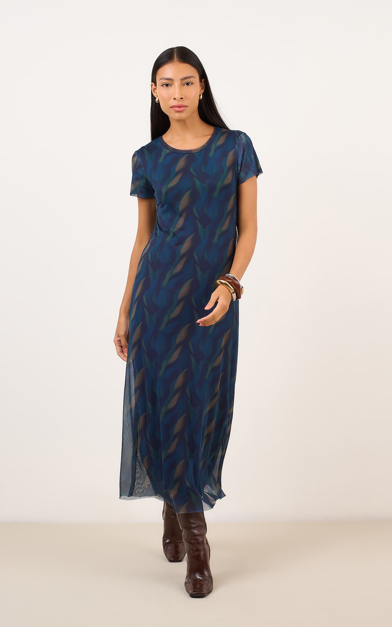 Vestido Tule Estampa Chai Marinho