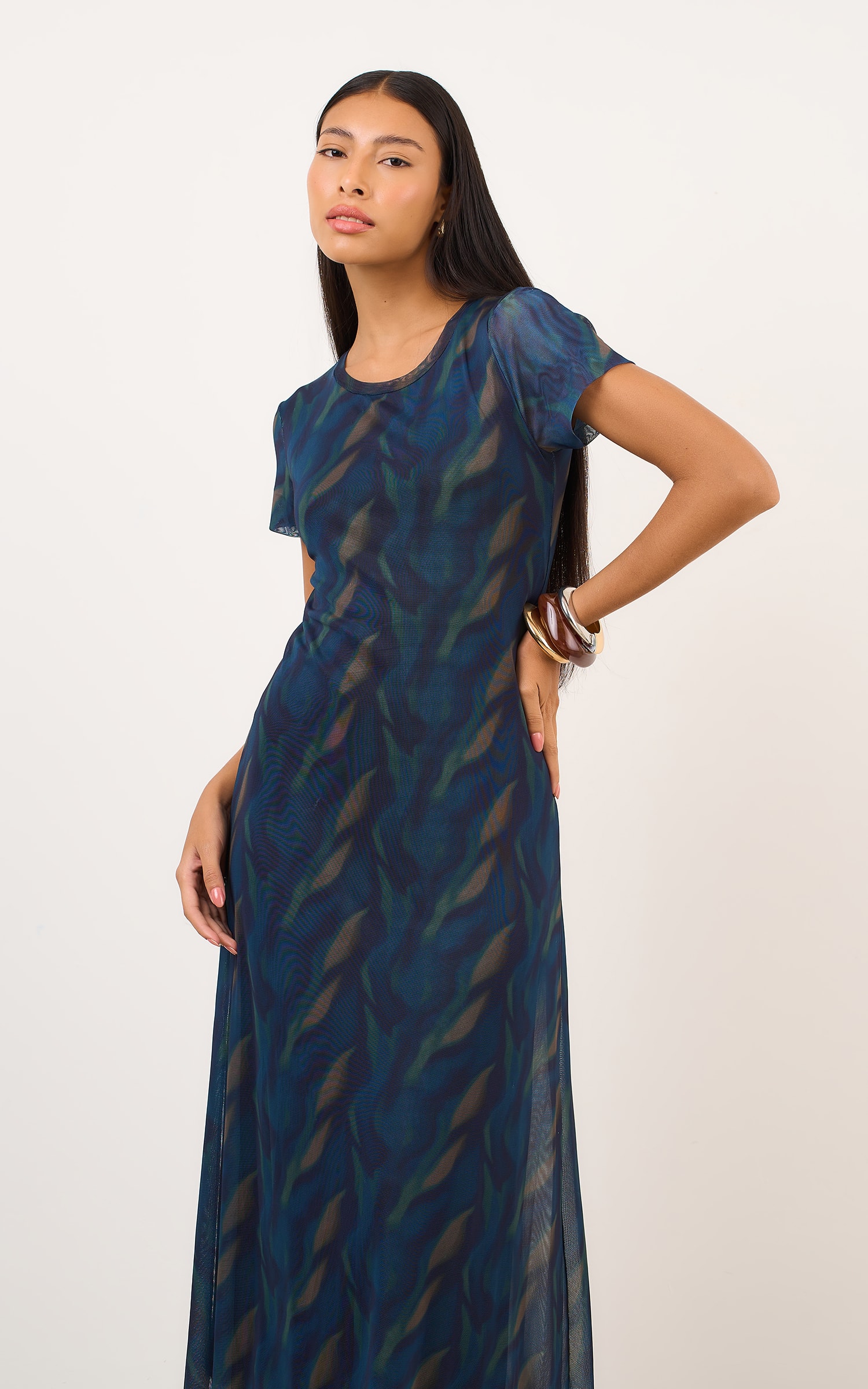 Vestido Tule Estampa Chai Marinho