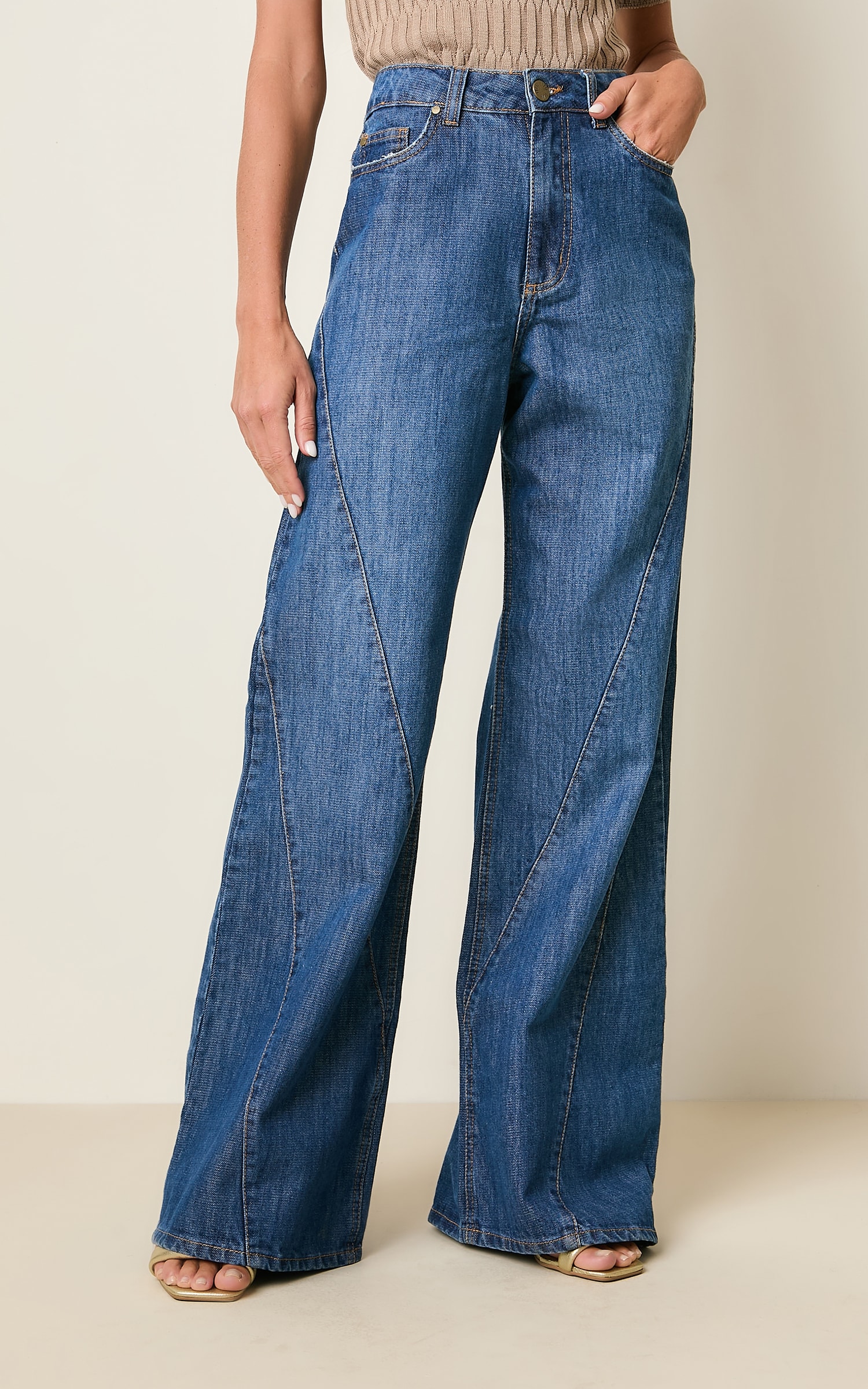 Wide Leg Jeans Recortes Jeans Escuro