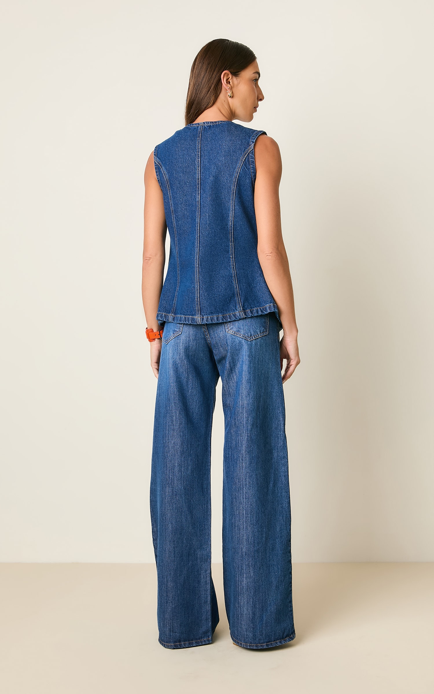 Wide Leg Jeans Recortes Jeans Escuro