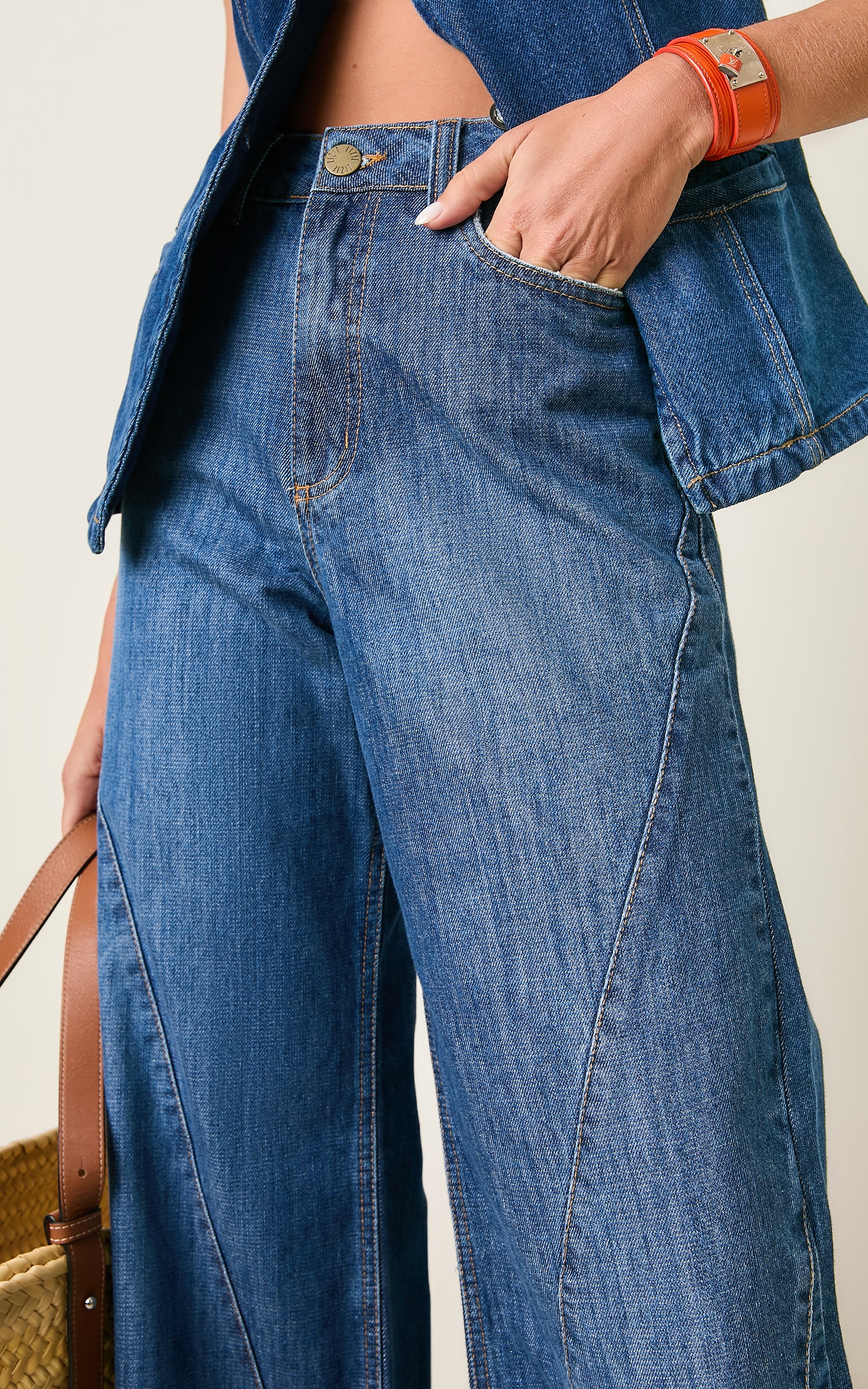 Wide Leg Jeans Recortes Jeans Escuro