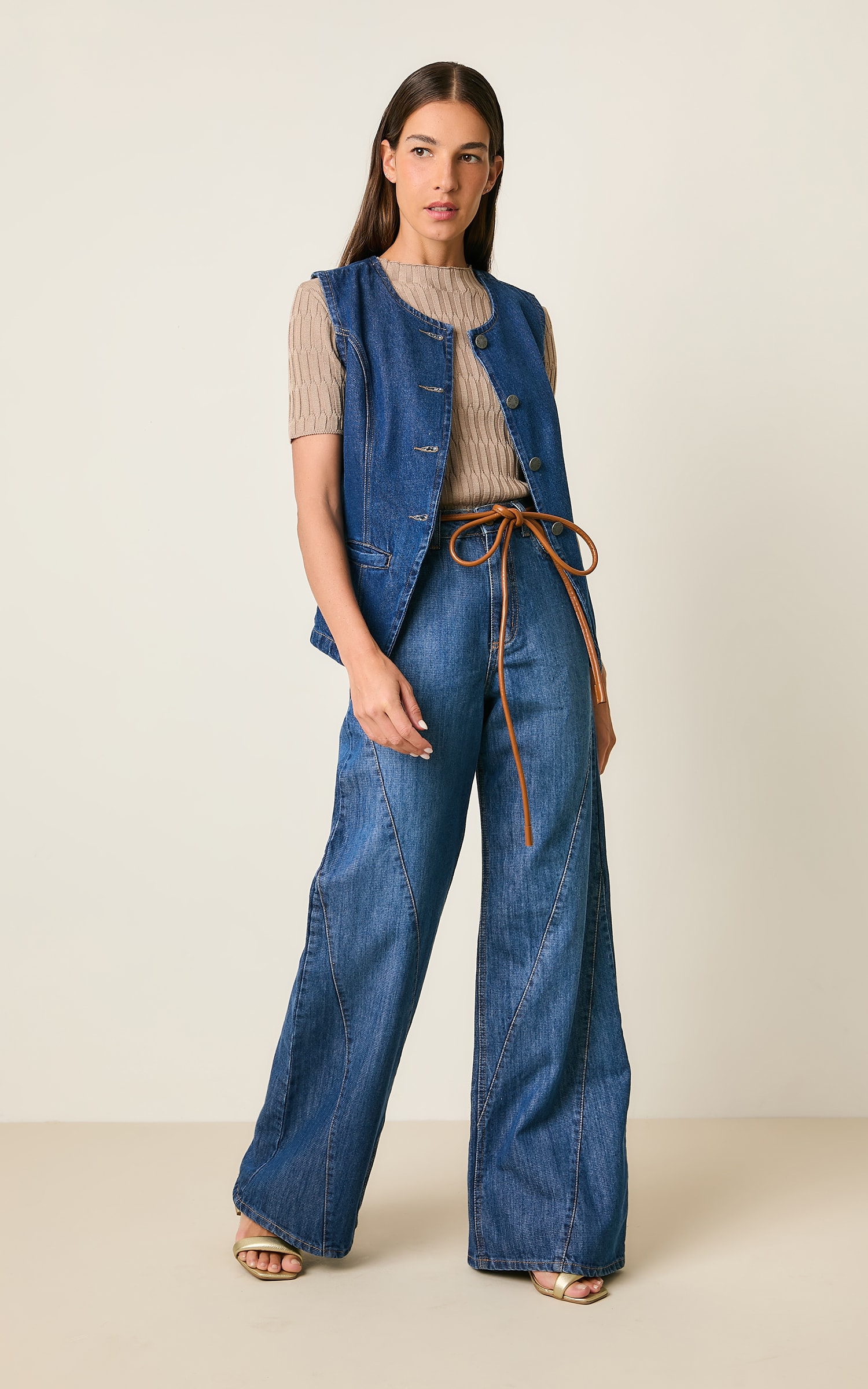 Wide Leg Jeans Recortes Jeans Escuro