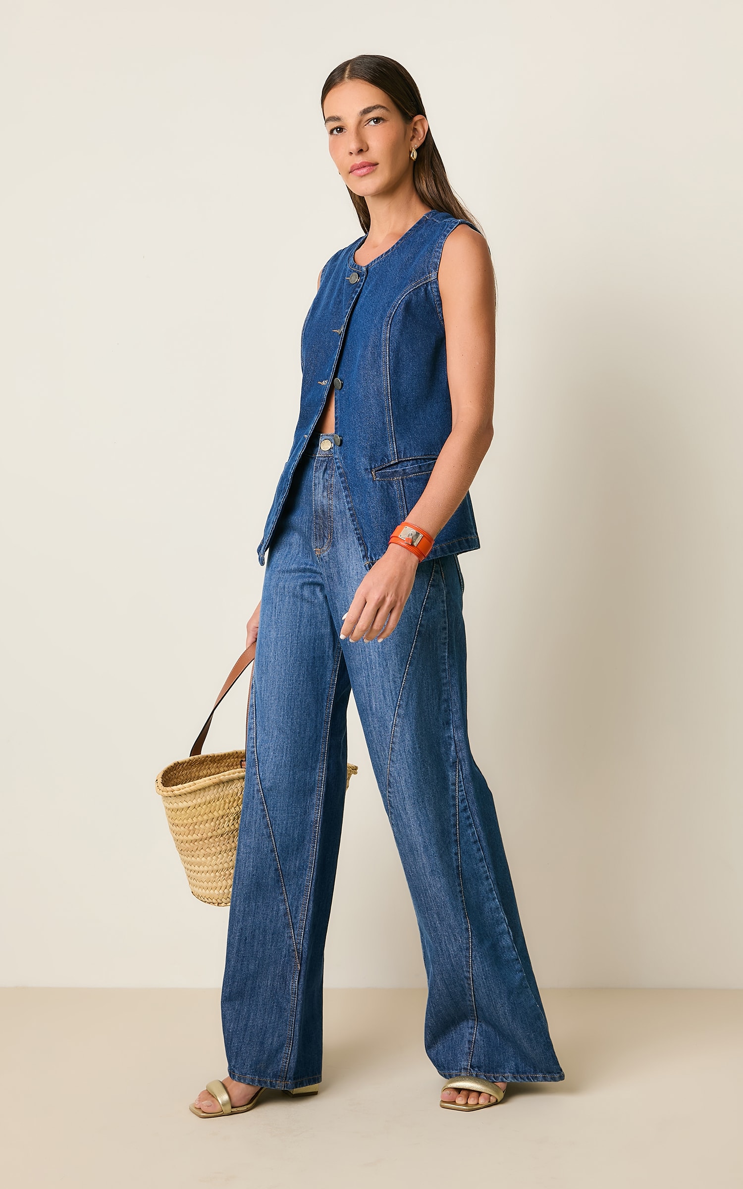 Wide Leg Jeans Recortes Jeans Escuro